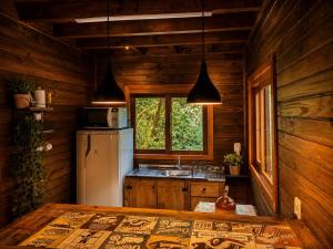 a kitchen with a refrigerator and a sink at Cabanas dos Plátanos in Gramado