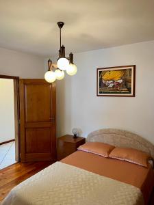 a bedroom with a bed and a chandelier at Apartma Danijela in Kanal