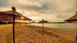 a group of umbrellas on a beach near the water at Hotel Aquastar Danube in Kladovo
