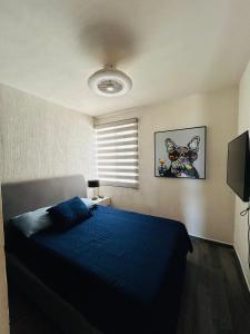a bedroom with a blue bed and a window at Camino antiguo a Tesistan in Zapopan