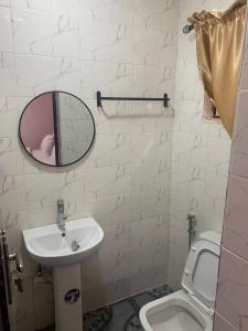 a bathroom with a sink and a mirror and a toilet at Torax Lodge in Ibadan