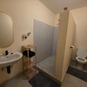 a bathroom with a shower with a sink and a toilet at Fully Furnished Apartments in Manyama, Lumwana Mine in Chanamo +21 photos
