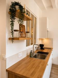 a kitchen with a sink and wooden counter top at Saint Maclou Plein Centre Rouen Malpalu - Linge & Ménage Inclus in Rouen +2 photos