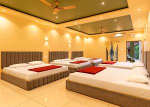 a room with four beds in it with a ceiling at KINGS RESORT DANDELI in Dandeli +29 photos
