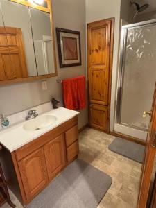 a bathroom with a sink and a shower at The Loft on the Lot in Cambridge