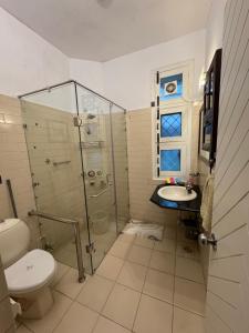 a bathroom with a shower and a toilet and a sink at Chinarchalet in Pālampur +21 photos