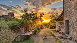 a sunset over a dirt road between two buildings at Agriturismo Podere Tegline in Radda in Chianti