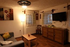 a living room with a couch and a flat screen tv at Hiša Varleh in Mengeš