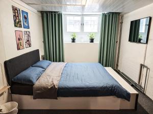 a bedroom with a bed with blue sheets and green curtains at The Alpine Studio Hideout in Schwanden
