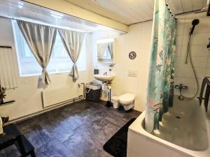 a bathroom with a shower and a toilet and a sink at The Alpine Studio Hideout in Schwanden +13 photos