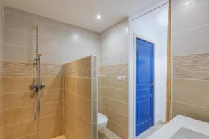 a bathroom with a toilet and a shower with a blue door at Le Lavoir De Gras - Chambre d'hôte in Gras