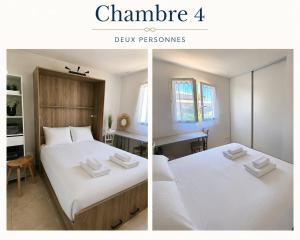 two pictures of a bedroom with two beds at Villa élégance et sérénité in Gignac +35 photos