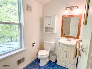 a bathroom with a toilet and a sink and a window at Shady Lane Retreat in Waitsfield +37 photos
