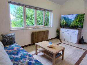 a living room with a couch and a flat screen tv at Casa Morlacca in Matulji