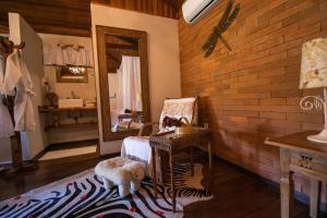 a room with a mirror and a dog on a rug at Pousada Infinito in Visconde De Maua +47 photos
