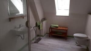 a bathroom with a sink and a toilet and a window at Ferienwohnungen im Stollenhof in Schnelldorf +26 photos
