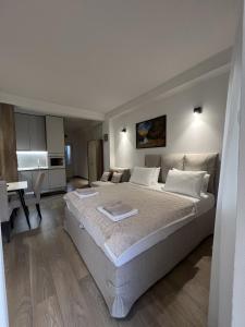 a bedroom with a large bed and a kitchen at Apartman Vera in Sušćepan