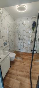 a bathroom with a shower and a toilet and a sink at Marine Apartment in Nea Peramos