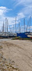 a group of boats parked in a marina at Marine Apartment in Nea Peramos +1 photo