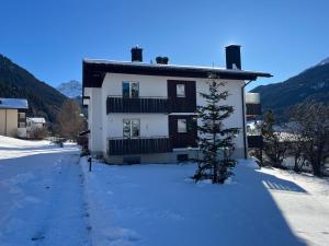 a house in the snow with a tree in front at Haus Anemona in Savognin