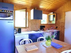 a kitchen with a stove and a sink and a refrigerator at Chalet en Auvergne -Pêche in Roumégoux