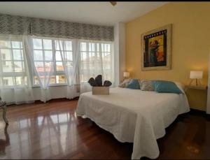 a bedroom with a large bed in a room with windows at Casa Magua Melide in Melide