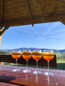 a group of four wine glasses sitting on a table at Gorczańska EKO-SFERA in Wola Piskulina