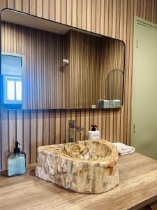 a bathroom with a large stone tub in front of a mirror at La Bastide en Margeride in Châteauneuf-de-Randon +27 photos