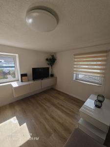 a living room with a flat screen tv and two windows at Schneiders Apartment Style House in Trunkelsberg