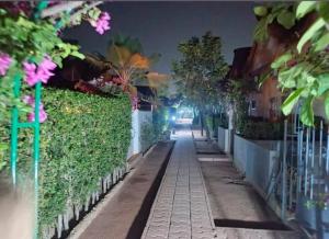 an empty street at night with trees and flowers at Coin du paradis in Saly Portudal +36 photos
