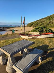 a picnic table sitting on the grass near the beach at Kayser's Keep Self-Catering in Kayserʼs Beach +9 photos