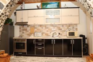 a kitchen with a stove and a microwave at Vila Muca in Peshkopi