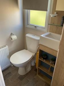 a bathroom with a toilet and a sink and a window at 63 The Pastures Tattershall lakes in Lincoln +10 photos