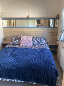 a bed with a blue comforter in a bedroom at 63 The Pastures Tattershall lakes in Lincoln