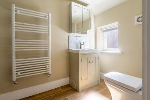 a bathroom with a toilet and a sink and a mirror at 16 Ulph Place in Burnham Market
