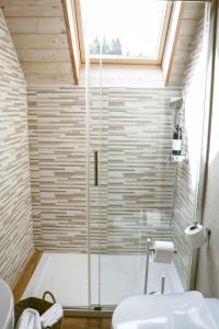 a bathroom with a shower with a toilet and a sink at TDI - Modern 2-Bedroom Apartment in nature in Kanji Dol +54 photos