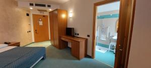 ein Zimmer mit Bett und Badezimmer mit Fernseher in der Unterkunft Classic Hotel Tulipano in Terni