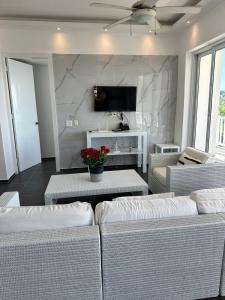 a living room with two white couches and a tv at Vista Mare Samaná in Punta Balandra