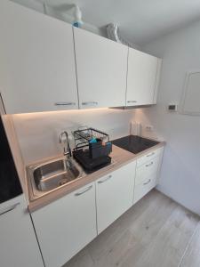 a kitchen with white cabinets and a sink and a counter at Garsonjera Alina in Zgornje Gameljne +9 photos