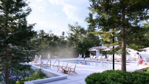 an artist rendering of the pool at the resort at Waybound Yosemite in Fish Camp
