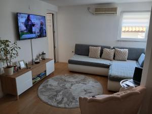 a living room with a couch and a tv at APARTMAN BUKULJA 2 in Arandelovac