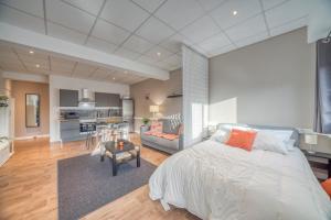 a bedroom with a large bed and a living room at Campus & Work in Saint-Martin-dʼHères