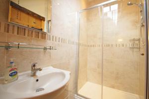a bathroom with a sink and a shower at Hen Gapel in Aberhosan +16 photos