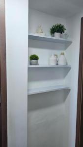 a white shelf with plants and vases on it at Xonadu con dominio in Puerto Plata