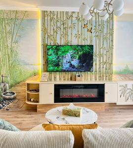 a living room with a flat screen tv on a entertainment center at Bridge Apartments in Timişoara