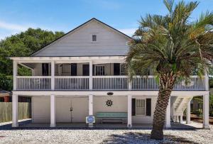 a house with a palm tree in front of it at Wish Upon a Big Starfish by Tybee Cottages in Tybee Island