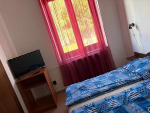 a bedroom with two beds and a tv and a window at Fenyő Liget Vendégház in Balatonlelle