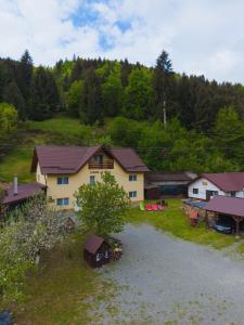 an aerial view of a house in a village at Cabana La Cucu in Vadu Moţilor