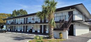 a palm tree in front of a building with a staircase at Paramount Lakeside Inn & Suites in Lakeland