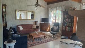 a living room with a couch and a tv at Chez tatie Jacqueline in Albi